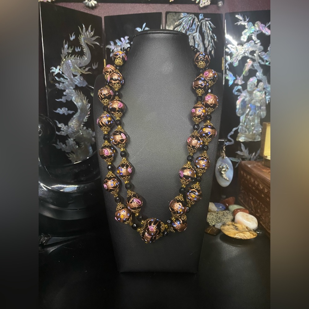 Vintage black murano glass Venetian wedding cake two strand necklace